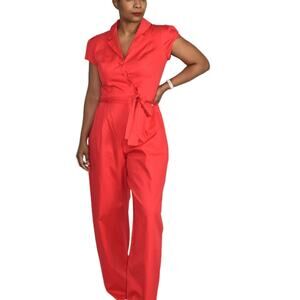 Gal Meets Glam Camille Jumpsuit Red Wide Leg Straight Belted Short Sleeve Size 6